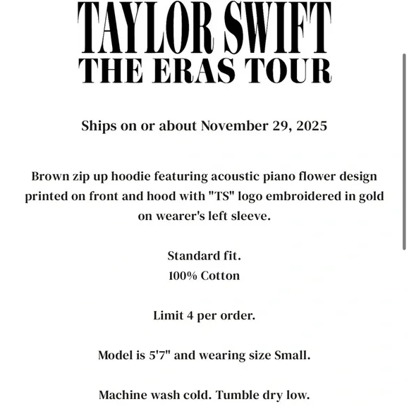 XS Taylor Swift Acoustic Piano Zip Up Hoodie Eras Tour Sweatshirt Zip Hoodie New - Picture 5 of 6